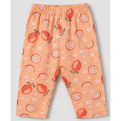 Babyhug Cotton Full Sleeves Front Open Woven Co-ord Shirt & Pajama Night Suit with Floral & Orange Print - Peach