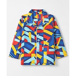 Babyhug 100% Cotton Knit Full Sleeves Co-Ords Shirt & Pyjama Night Suit with Abstract Print - Blue