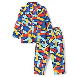 Babyhug 100% Cotton Knit Full Sleeves Co-Ords Shirt & Pyjama Night Suit with Abstract Print - Blue