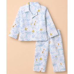 Babyhug Cotton Knit Woven Front Open Full Sleeves Pyjama Cords-Set With Beach Theme Print - White