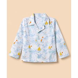 Babyhug Cotton Knit Woven Front Open Full Sleeves Pyjama Cords-Set With Beach Theme Print - White