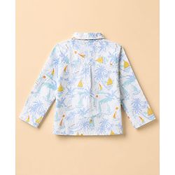 Babyhug Cotton Knit Woven Front Open Full Sleeves Pyjama Cords-Set With Beach Theme Print - White