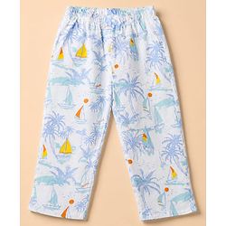 Babyhug Cotton Knit Woven Front Open Full Sleeves Pyjama Cords-Set With Beach Theme Print - White