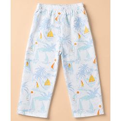 Babyhug Cotton Knit Woven Front Open Full Sleeves Pyjama Cords-Set With Beach Theme Print - White