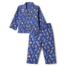 Babyhug Velour Knit Full Sleeves Front Open Woven Shirt & Pajama Night Suit with Leaf Guitar & Beach Theme Print - Navy Blue