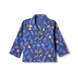 Babyhug Velour Knit Full Sleeves Front Open Woven Shirt & Pajama Night Suit with Leaf Guitar & Beach Theme Print - Navy Blue