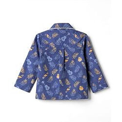 Babyhug Velour Knit Full Sleeves Front Open Woven Shirt & Pajama Night Suit with Leaf Guitar & Beach Theme Print - Navy Blue
