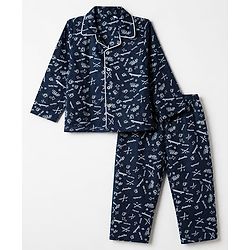 Babyhug Cotton Knit Woven Front Open Full Sleeves Pyjama Cords-Set With Text Print - Navy Blue