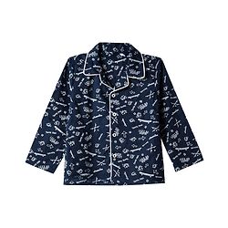 Babyhug Cotton Knit Woven Front Open Full Sleeves Pyjama Cords-Set With Text Print - Navy Blue