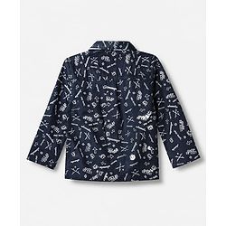 Babyhug Cotton Knit Woven Front Open Full Sleeves Pyjama Cords-Set With Text Print - Navy Blue