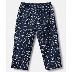 Babyhug Cotton Knit Woven Front Open Full Sleeves Pyjama Cords-Set With Text Print - Navy Blue
