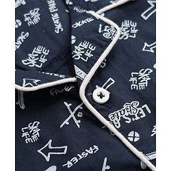 Babyhug Cotton Knit Woven Front Open Full Sleeves Pyjama Cords-Set With Text Print - Navy Blue