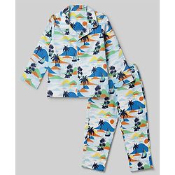 Babyhug 100% Cotton Knit Full Sleeves Co-Ords Shirt & Pyjama Night Suit with Beach Theme Print - White
