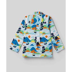 Babyhug 100% Cotton Knit Full Sleeves Co-Ords Shirt & Pyjama Night Suit with Beach Theme Print - White