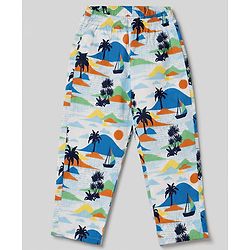 Babyhug 100% Cotton Knit Full Sleeves Co-Ords Shirt & Pyjama Night Suit with Beach Theme Print - White