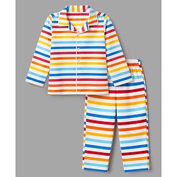 Babyhug Cotton Knit Full Sleeves Front Open Co-ord Shirt & Pyjama Night Suit With Striped in Blue & White