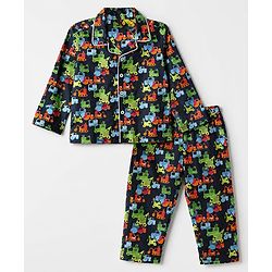 Babyhug Cotton Full Sleeves Front Open Woven Co-ord Shirt & Pajama Night Suit with Construction Vehicles Print - Navy Blue