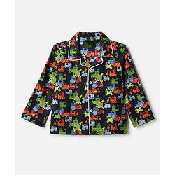 Babyhug Cotton Full Sleeves Front Open Woven Co-ord Shirt & Pajama Night Suit with Construction Vehicles Print - Navy Blue