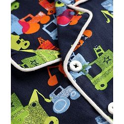Babyhug Cotton Full Sleeves Front Open Woven Co-ord Shirt & Pajama Night Suit with Construction Vehicles Print - Navy Blue