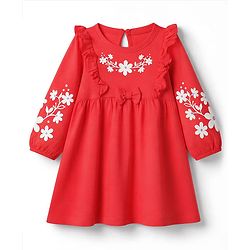 Babyhug Single Jersey Knit Full Sleeves Dress with Floral Print & Bow Applique - Red