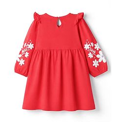 Babyhug Single Jersey Knit Full Sleeves Dress with Floral Print & Bow Applique - Red