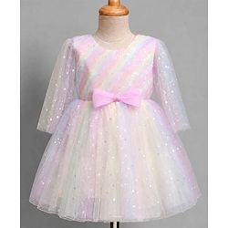 Babyhug Mesh Woven Sleeveless Party Dress With Bow & All over Foil Print - Pink