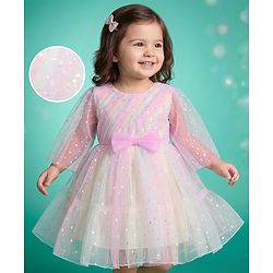 Babyhug Mesh Woven Sleeveless Party Dress With Bow & All over Foil Print - Pink