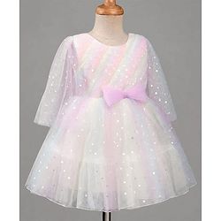 Babyhug Mesh Woven Sleeveless Party Dress With Bow & All over Foil Print - Pink