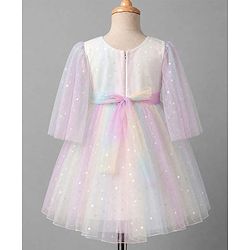 Babyhug Mesh Woven Sleeveless Party Dress With Bow & All over Foil Print - Pink