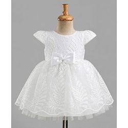 Babyhug Mesh Woven Half sleeves Party Dress With Sequin Leaves Thread Embroidery & Bow Applique - White