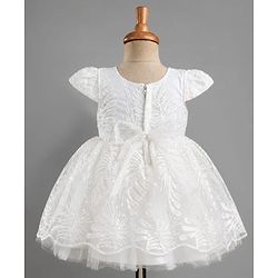 Babyhug Mesh Woven Half sleeves Party Dress With Sequin Leaves Thread Embroidery & Bow Applique - White