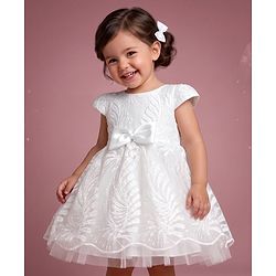 Babyhug Mesh Woven Half sleeves Party Dress With Sequin Leaves Thread Embroidery & Bow Applique - White