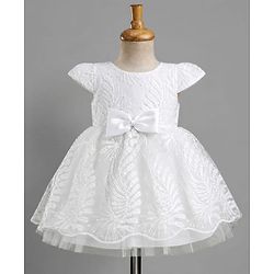 Babyhug Mesh Woven Half sleeves Party Dress With Sequin Leaves Thread Embroidery & Bow Applique - White