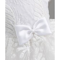 Babyhug Mesh Woven Half sleeves Party Dress With Sequin Leaves Thread Embroidery & Bow Applique - White