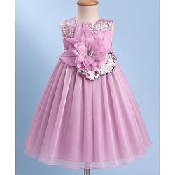 Babyhug Satin Woven Sleeveless Gown with a oversized Fabric flower at the Waistline - Lilac