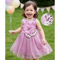 Babyhug Satin Woven Sleeveless Gown with a oversized Fabric flower at the Waistline - Lilac