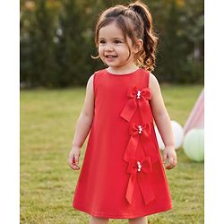 Babyhug Scuba Knit Sleeveless A Line Solid Colour Party Dress with Bow Applique - Red