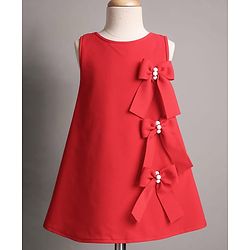 Babyhug Scuba Knit Sleeveless A Line Solid Colour Party Dress with Bow Applique - Red