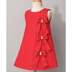 Babyhug Scuba Knit Sleeveless A Line Solid Colour Party Dress with Bow Applique - Red