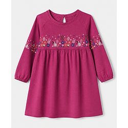 Babyhug Single Jersey Knit Dress with Full Sleeves and Floral Embroidery in Red for 3-6 Months