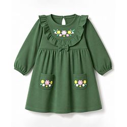 Babyhug Single Jersey Knit One Piece Dress with Full Sleeves and Floral Embroidery - Green
