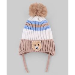 Babyhug Knit Woollen Cap with Stripes & Pom Pom Brown - Diameter 10 cm