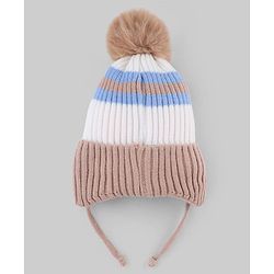 Babyhug Knit Woollen Cap with Stripes & Pom Pom Brown - Diameter 10 cm