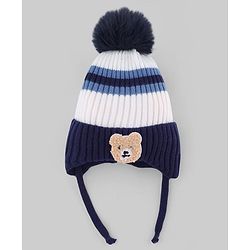 Babyhug Knit Woollen Cap with stripes and Pom Pom Navy Blue - Diameter 10 cm