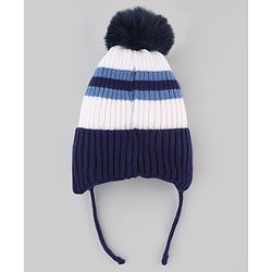 Babyhug Knit Woollen Cap with stripes and Pom Pom Navy Blue - Diameter 10 cm