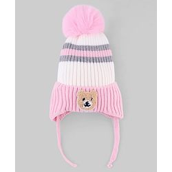 Babyhug Knit Woollen Cap with Stripes and Pom Pom Pink - Diameter 10 cm