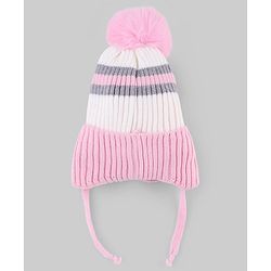 Babyhug Knit Woollen Cap with Stripes and Pom Pom Pink - Diameter 10 cm