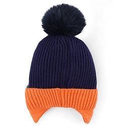 Babyhug Knit Woollen Cap with Animal Design & Pom Pom Navy Blue - Diameter 10 cm