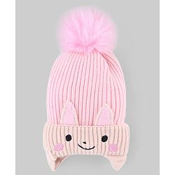 Babyhug Knit Woollen Cap with Animal Design & Pom Pom Pink - Diameter 10 cm