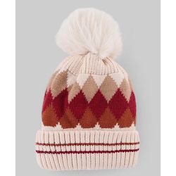 Babyhug Knit Woollen Cap with Checks Design Maroon - Diameter 10 cm